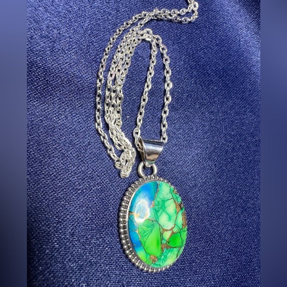 Pendant Peacock Dahlia Turquoise 925 Sterling Silver Oval Statement Necklace - Picture 5 of 8